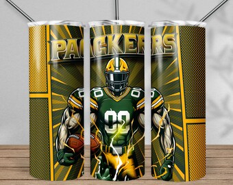 Packer 20oz Skinny Tumbler Wrap PNG, Sport 20oz Tumbler PNG, Football Mascot Sublimation Tumbler PNG Digital Download