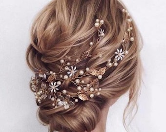 Pearl,Leaf and Crystal Wedding Bridal Hair Vine, Wedding Hair Piece,Crystal Hair Halo,Silver Bridal Hair Vine,Bridal Hair Pin,Hair Accessory