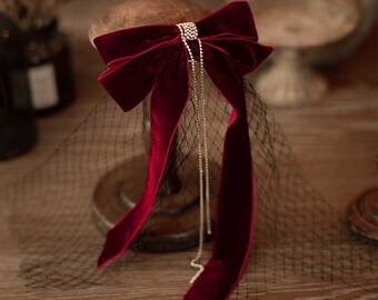 Clip de cabello de arco de terciopelo largo con un velo negro, velo de lazo de cabello nupcial de pedrería, accesorios para el cabello de novia, accesorio para el cabello de lazo, pieza para el cabello de boda