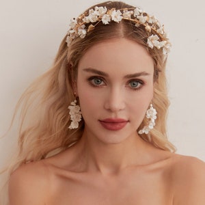 Delicate Porcelain Floral Bridal Headband with Pearls and Crystals for Brides and Bridesmaids, Boho Flower Wedding Headpiece