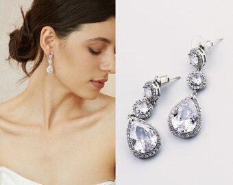 Silver Teardrop Crystal Bridal Earrings, Wedding Earrings for Brides,  Bridal Party Jewellery, Long Crystal Stud Earring, Long Drop Earrings