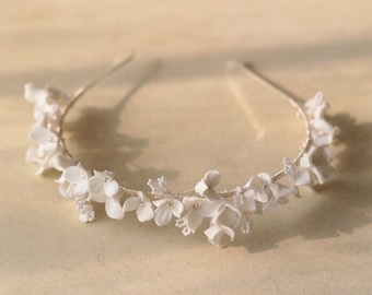 Delicate Porcelain White Floral Bridal Headband, Clay & Pearl Crown, Boho Flower Bride Headband, Floral Bride Headpiece,  Wedding Hairpiece