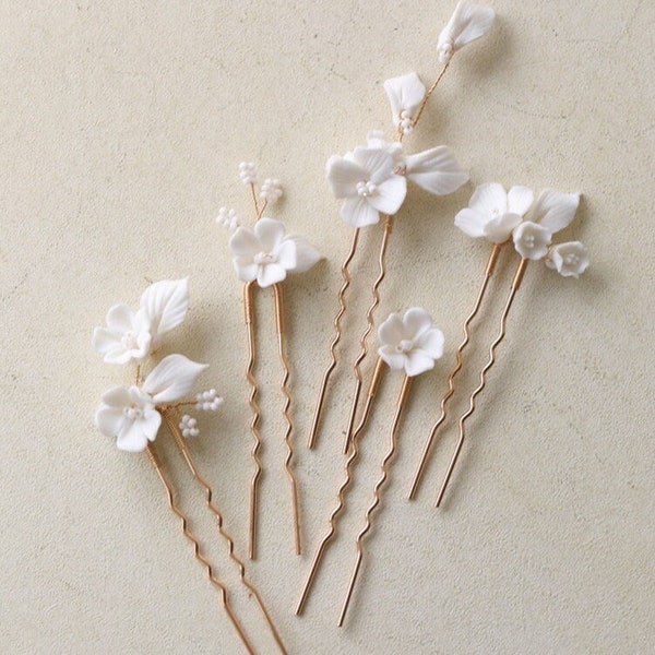 White Porcelain Flower Wedding Hair Pins Set of 5, Wedding Hair Piece,  Bridesmaid Hair Pins , Gold Bridal Headpiece,Wedding Hair Accessory