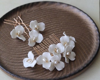 Porcelain Flowers and Pearl Wedding Hair Comb and Hairpins, Wedding Hair Piece , Clay & Pearl Hair Pin, Floral Handmade Bride Headpiece