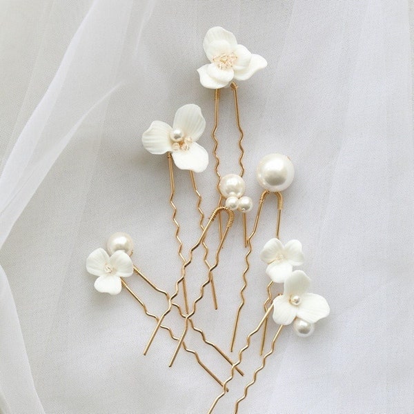 Set of 6 Wedding Hairpin, Delicate Pearl and Porcelain Floral Bridal Hairpin for Weddings, Handmade Floral Clay Hair Clip
