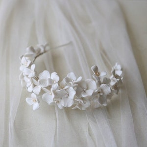 Porcelain White Floral Bridal Headband, Clay & Pearl Crown, Boho Flower Bride Headband, Floral Bride Headpiece,  Wedding Hairpiece