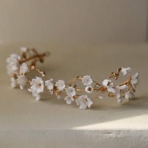 Delicate Porcelain Floral Bridal Headband with Pearls and Crystals for Brides and Bridesmaids, Boho Flower Wedding Headpiece