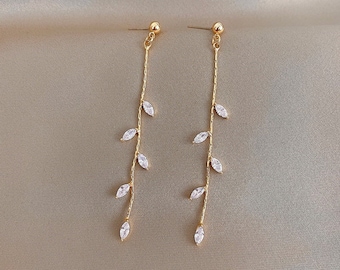 14K Gold Long Olive Leaf Dangle Drop Earrings, Gold Crystal Tassel Drop Earrings, Long Drop Bridal Earring, Wedding Earrings for Brides