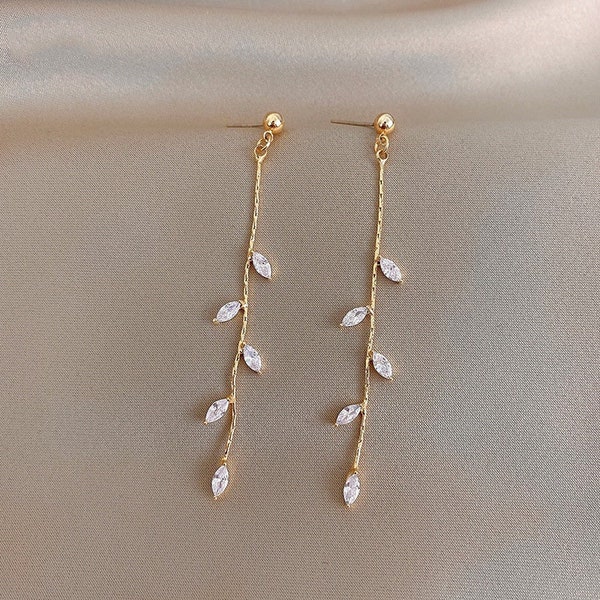 14K Gold Long Olive Leaf Dangle Drop Earrings, Gold Crystal Tassel Drop Earrings, Long Drop Bridal Earring, Wedding Earrings for Brides