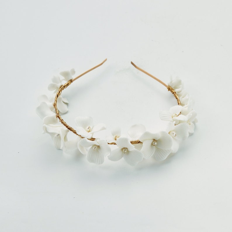 Porcelain White Floral Bridal Headband Clay & Pearl Crown Etsy