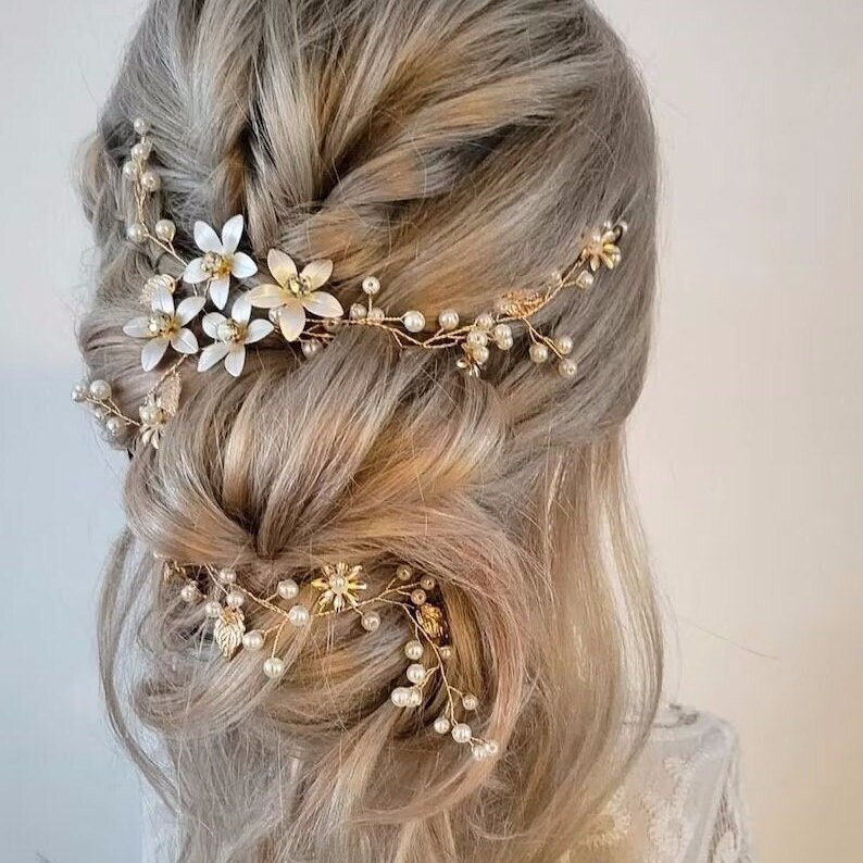 Pearl,Leaf and Crystal Wedding Bridal Hair Vine, Wedding Hair Piece,Crystal Hair Halo,Silver Bridal Hair Vine,Bridal Hair Pin,Hair Accessory image 3