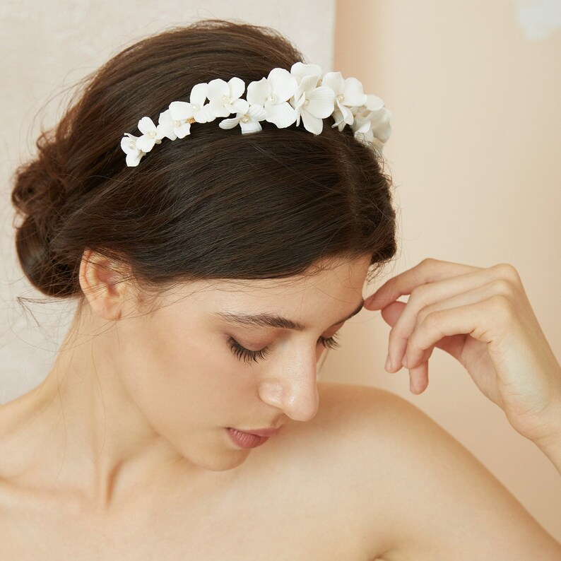 Porcelain White Floral Bridal Headband, Clay & Pearl Crown, Boho Flower Bride Headband, Floral Bride Headpiece, Wedding Hairpiece image 3