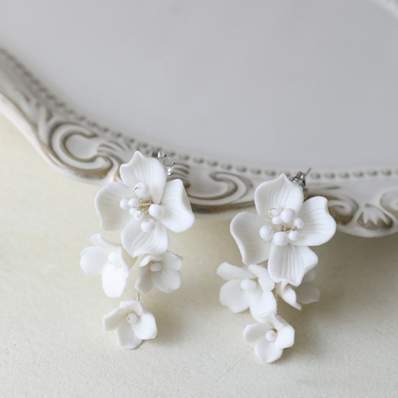 White Porcelain Flower Bridal Earrings