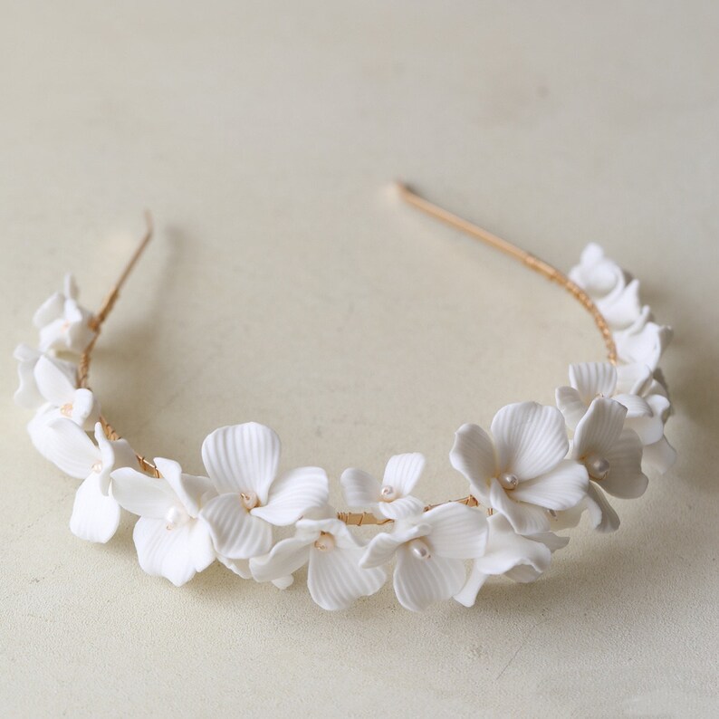Porcelain White Floral Bridal Headband Clay & Pearl Crown Etsy