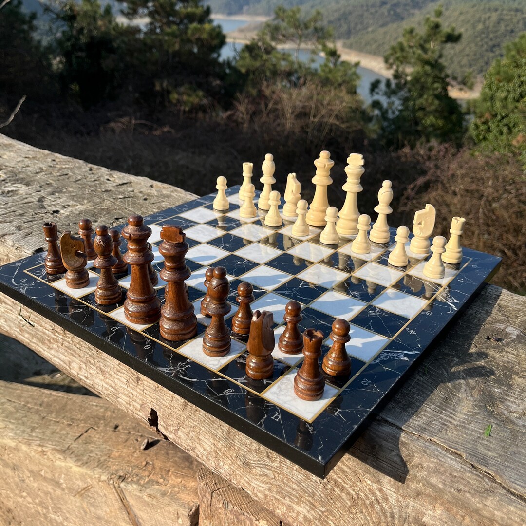 Wooden Black Marble Patterned Chess Set With Board, Decorative Chess ...