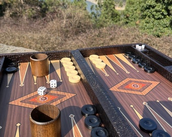 Handgefertigtes Backgammon aus Holz, Backgammon Brett, Geschenk zum Geburtstag, Backgammon Set, Leder Backgammon, Taschen Backgammon Set