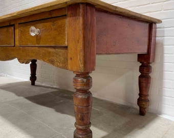 Antique English dairy table with turned legs