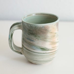 Green marbled porcelain coffee mug, handmade ceramic pottery