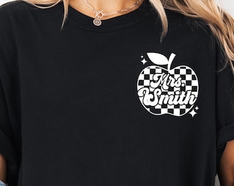 Custom Teacher Name T-Shirt  Comfort Colors Checkered School Tee  Personalized Teacher Gift  Back to School Shirt Teacher Appreciation Gift