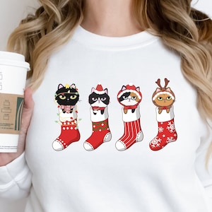 Christmas Cats Sweatshirt, Christmas Gift for Cat Owners, Merry Christmas Shirt, Cats in Socks Graphic Sweatshirt, Winter socks Hoodies