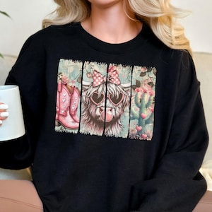 Retro Highland Cow Bow Valentine Sweatshirt, Heifer Valentine Shirt, Cow shirt, Valentine Hoodie, Valentines Crewneck