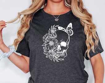 Floral Skull Shirt, Flower Skull TShirt, Witchy Botanical Shirt, Skull Shirt, Gobblincore Boho Graphic Tee, Bloom Skull Fall Halloween Shirt