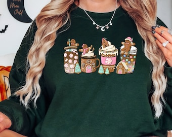Gingerbread Christmas Coffee Shirt,Christmas Coffee Sweatshirt,Coffee Lover Gift, Xmas Latte Drink Crewneck,Women Holiday Sweater,Xmas Tee