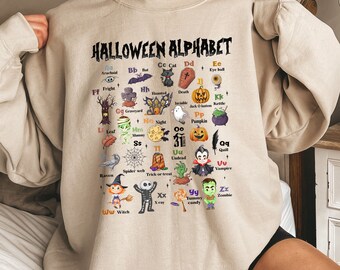 Halloween Alphabet Sweatshirt, Halloween Teacher Shirt, Halloween Kindergarten Teacher Shirt, Halloween shirts, Spooky Teacher Sweatshirt