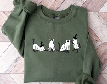 Halloween Sweatshirt,Cat Sweatshirt,Halloween Hoodie,Ghost Shirt,Black Cat Shirt,2023 Spooky Season,Cool Halloween Cat Shirt,Cat Lover Shirt