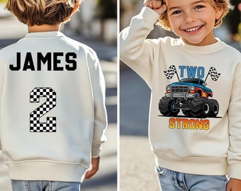 Custom Birthday Monster truck sweatshirt, Personalized Birthday Shirt, ,Racing Sweat, Custom Kids Gifts, Toddler Boy Shirt,Two Strong Shirt
