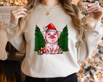 Merry Christmas Pig Sweatshirt,Pig Lights Shirt ,Women's Christmas Sweatshirt,Pig Lover Christmas,Women's Sweatshirt,Christmas Pullover