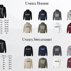May include: Size chart for unisex hoodies and sweatshirts in various colors, including black, navy, dark grey, athletic grey, sand, heather military green, white, and maroon. The chart includes measurements for chest, height, length, width, and sleeve.