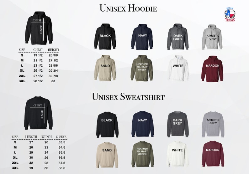 May include: Size chart for unisex hoodies and sweatshirts in various colors, including black, navy, dark grey, athletic grey, sand, heather military green, white, and maroon. The chart includes measurements for chest, height, length, width, and sleeve.