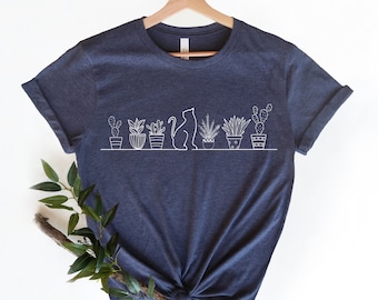 Cats And Plants Shirt, Cat Plant Tshirt, Plant Cat Tee,  Cat Owner Shirt,Cat Lover Tee,Plant lover gift,Cat Line Art,Line Art Shirt,Cat Lady