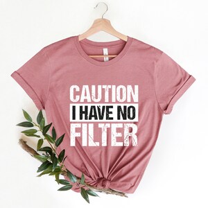 May include: A dusty rose t-shirt with the text "CAUTION I HAVE NO FILTER" in a bold, distressed white font. The shirt is displayed on a wooden hanger against a white background, with a sprig of greenery.