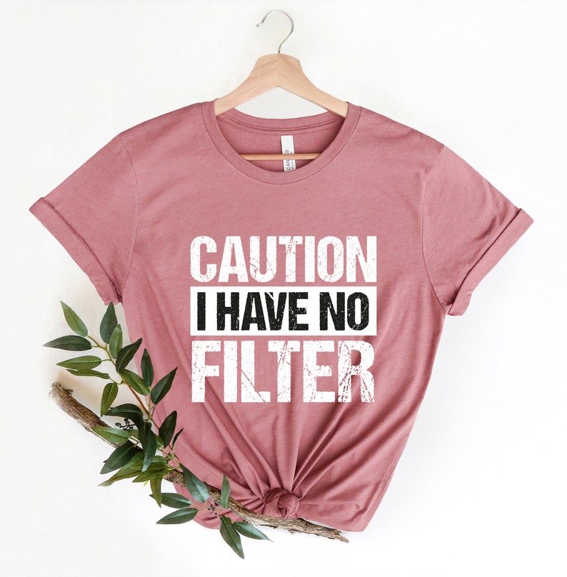 May include: A dusty rose t-shirt with the text "CAUTION I HAVE NO FILTER" in a bold, distressed white font. The shirt is displayed on a wooden hanger against a white background, with a sprig of greenery.