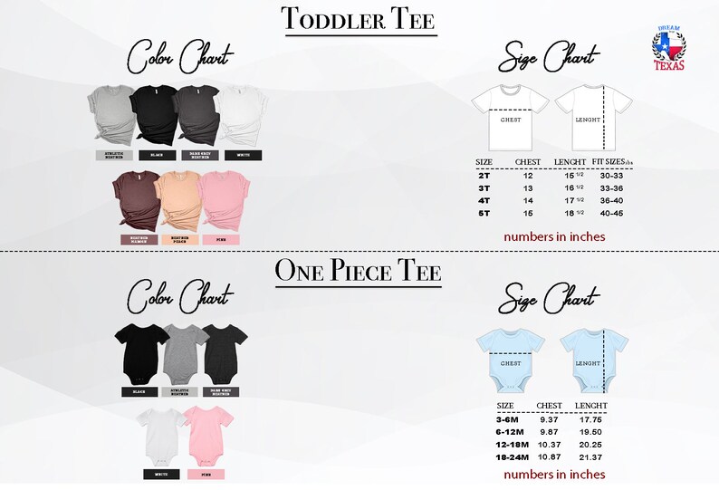 May include: A chart displaying color and size options for toddler tees and one-piece tees. The color chart shows various shirt colors, including black, white, and pink. The size chart provides chest and length measurements in inches for each size.