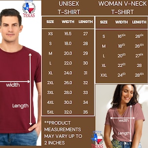 May include: A maroon unisex t-shirt is modeled by a man, with a woman modeling a pink V-neck t-shirt. The image includes a size chart with measurements in inches for both styles. The chart details sizes XS to 5XL for the unisex tee and S to XXL for the V-neck.