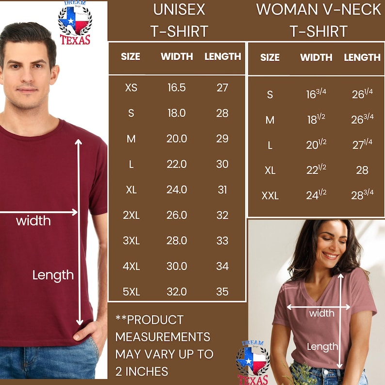 May include: A maroon unisex t-shirt is modeled by a man, with a woman modeling a pink V-neck t-shirt. The image includes a size chart with measurements in inches for both styles. The chart details sizes XS to 5XL for the unisex tee and S to XXL for the V-neck.