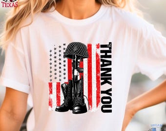 Patriotic Military Memorial Shirt - American Flag Thank You Veteran Tee - Fallen Soldier Tribute T-Shirt for Men Women