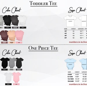May include: Size chart for toddler and one-piece tees. The chart shows chest and length measurements in inches for different sizes. The color chart shows the available colors for each style.