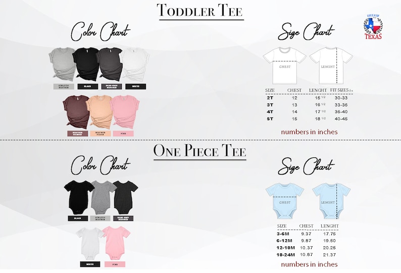 May include: Size chart for toddler and one-piece tees. The chart shows chest and length measurements in inches for different sizes. The color chart shows the available colors for each style.