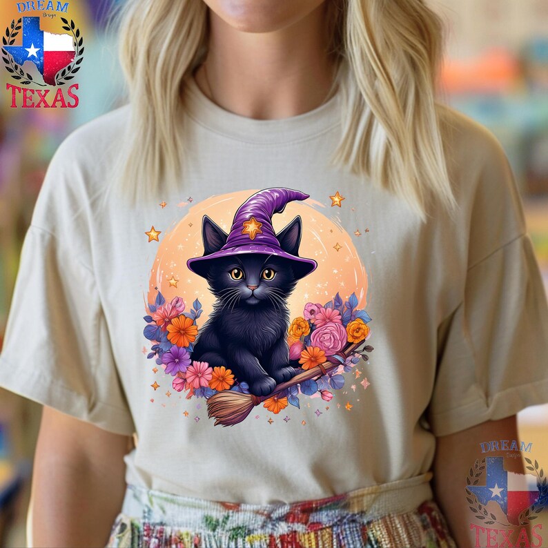 Cute Black Cat Summerween T-Shirt Funny Summer Halloween Shirt Wickwed Witch Broom Shirt Pumpkin Party Outfit Halloween Gift