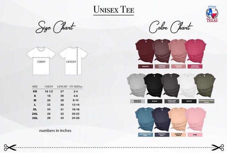 May include: Unisex tee size chart with measurements in inches and a colour chart showing different colours of t-shirts. The chart includes sizes XS to 3XL and colours like maroon, heather maroon, heather mauve, raspberry, athletic heather, black, dark heather grey, white, heather military green, heather deep teal, heather navy, heather peach, and pink.
