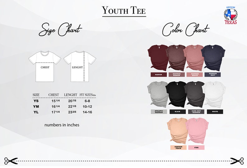 May include: Youth tee size chart with measurements in inches and colour chart showing different colours of t-shirts. The colours include maroon, heather maroon, heather mauve, denim navy, athletic heather, black, dark heather grey, white, heather peach, and pink.