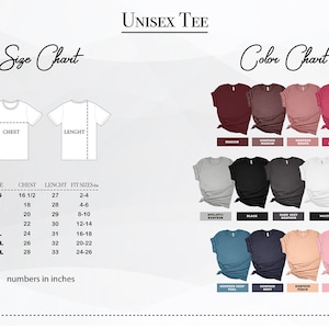 May include: Unisex tee size chart with measurements in inches and a color chart showing different colors of the tee. The chart includes sizes XS to 3XL and colors like maroon, heather, black, white, and more.