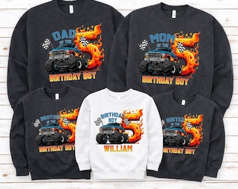 Custom Monster Truck Family Matching Birthday Party Sweatshirt, Monster Truck Birthday Shirt, Birthday Boy Shirt, Birthday Party Shirt