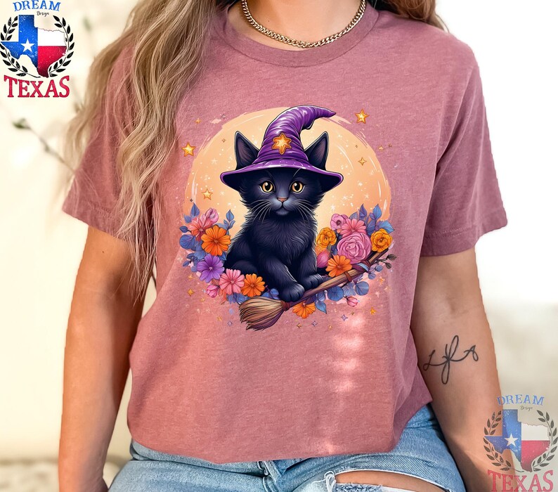 Cute Black Cat Summerween T-Shirt Funny Summer Halloween Shirt Wickwed Witch Broom Shirt Pumpkin Party Outfit Halloween Gift