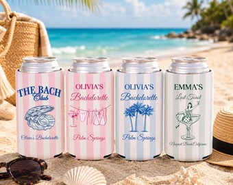Custom Bachelorette Can Cooler, Beach Girls Trip Drink Holder, Personalized Coastal Party Favor, Slim Can Koozie, Bach Weekend Gift