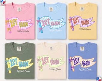 Comfort Colors Custom Name Teacher Shirt, First grade teacher shirt,Pennant Flag Teacher Tee,back to school shirt